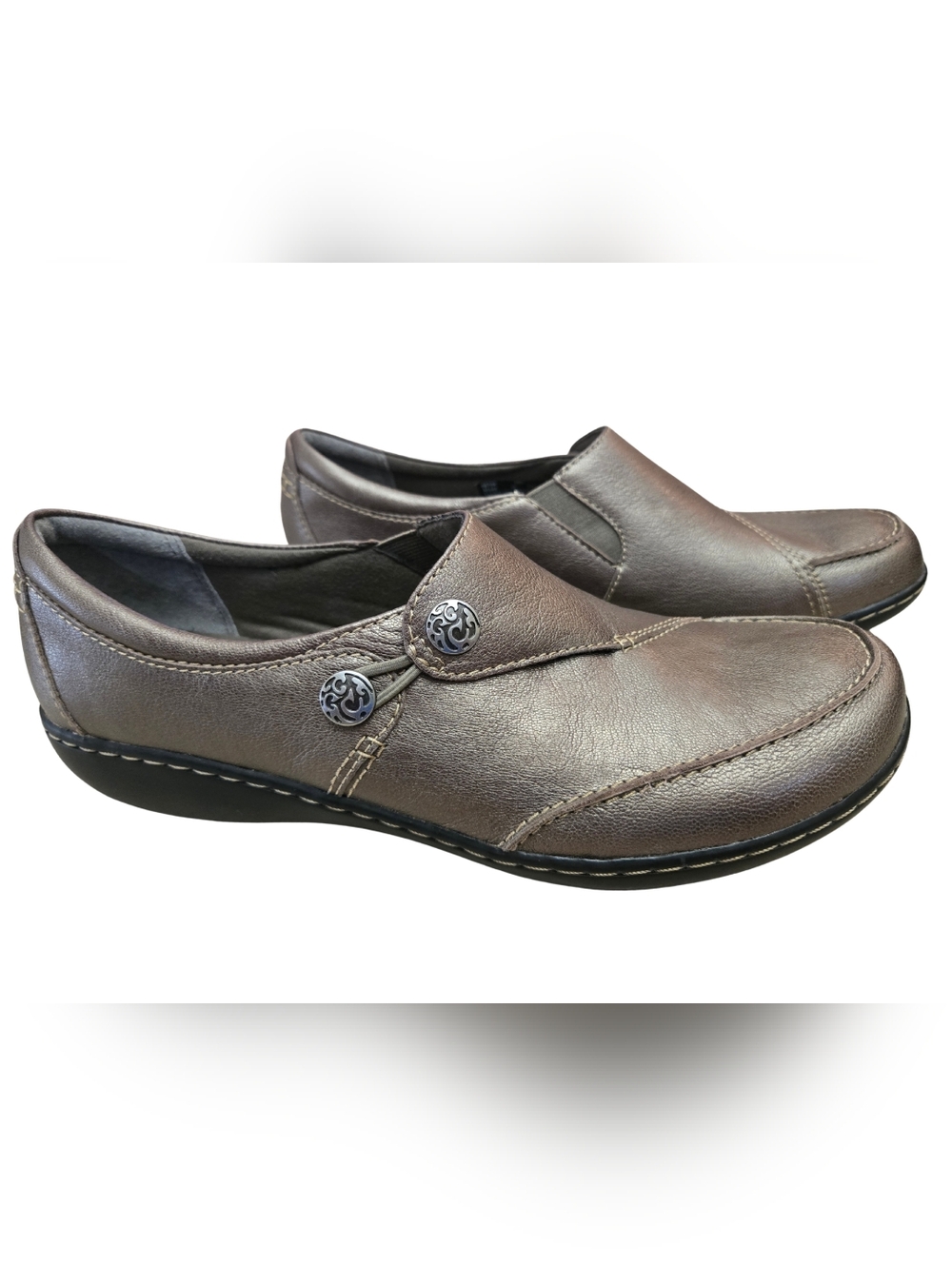 Clarks Ashland Lane Q Pewter Metallic Slip-On Leather Loafers Size‎ 10 N